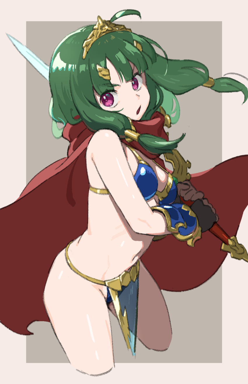 1girl, ahoge, arm_guards, armor, bikini_armor, breasts, cape, cropped_legs, etrian_odyssey, green_hair, hair_ornament, hair_tubes, head_tilt, hero_(sekaiju), hero_2_(sekaiju), highres, holding, holding_sword, holding_weapon, long_hair, low_twintails, mya-zawa, navel, pelvic_curtain, pink_eyes, red_cape, sekaiju_no_meikyuu, sekaiju_no_meikyuu_x, small_breasts, solo, sword, tiara, twintails, two-tone_background, weapon