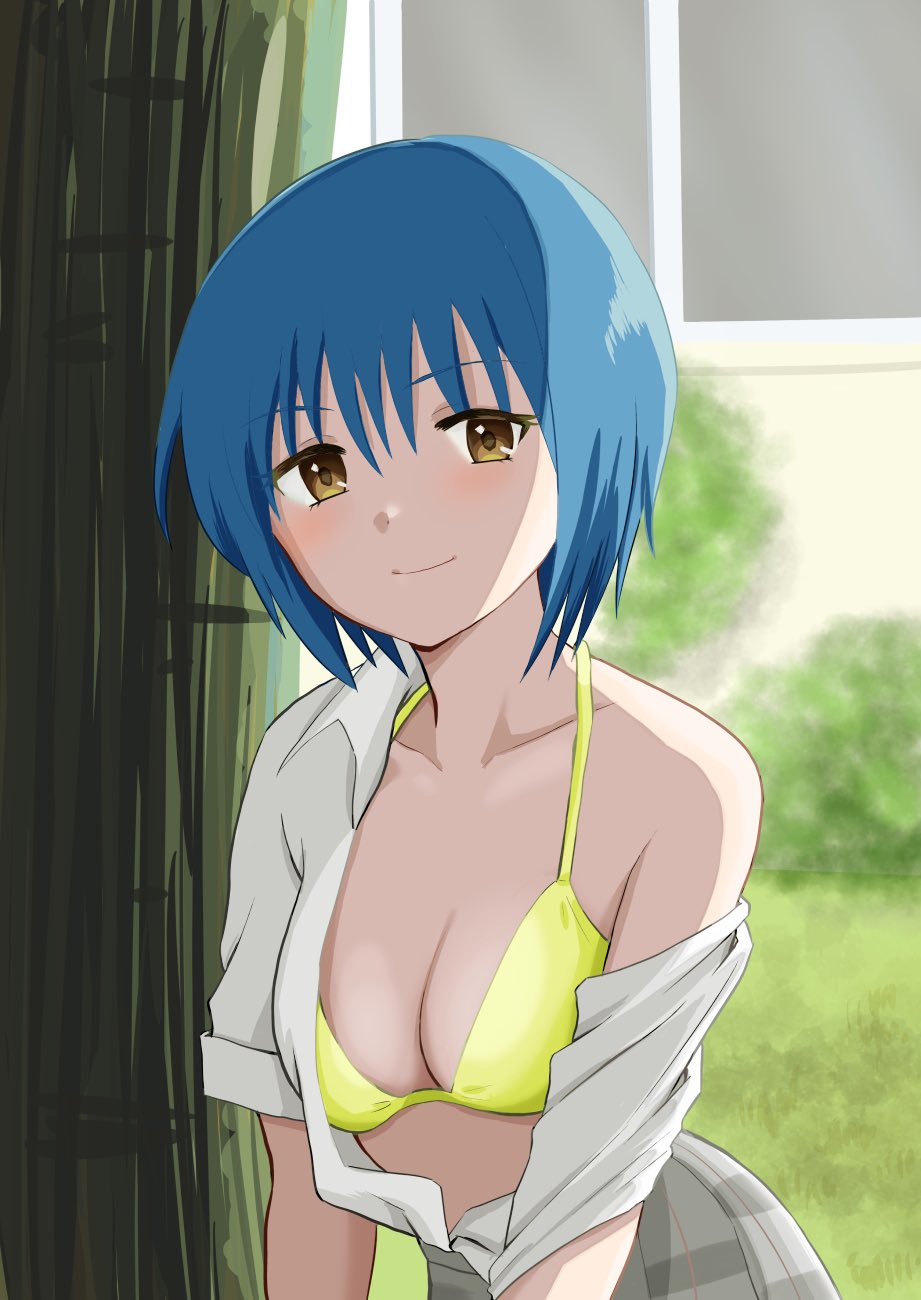 >:), 1girl, bikini, blue_hair, blush, breasts, cleavage, closed_mouth
