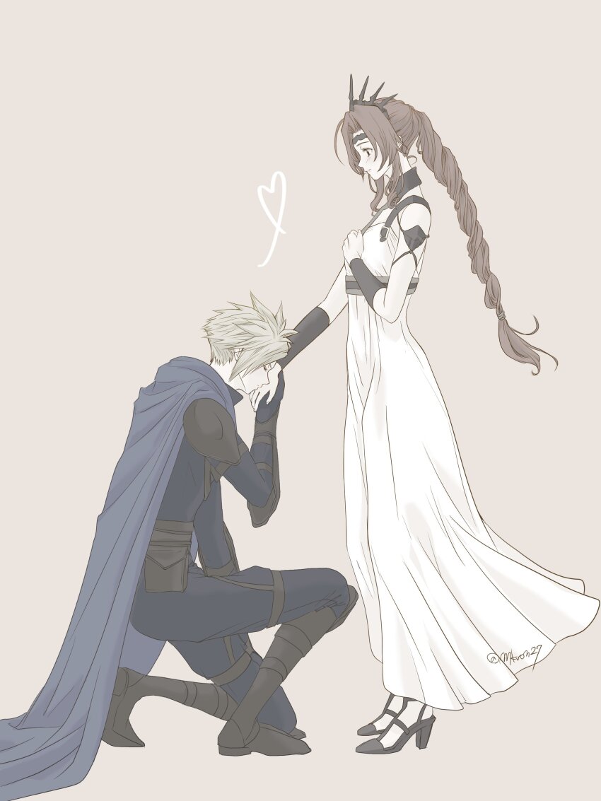 1boy, 1girl, absurdres, aerith_gainsborough, aerith_gainsborough_(loveless_dress), armor, bare_shoulders, black_gloves