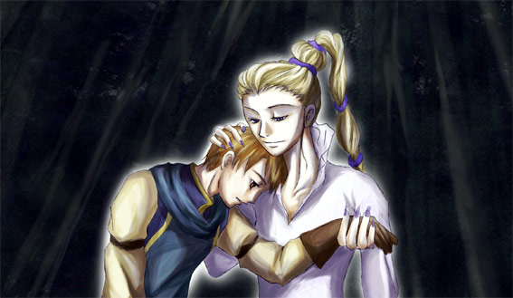 1boy, 1girl, blonde_hair, blue_eyes, brown_eyes, brown_hair, dress, gensou_suikoden