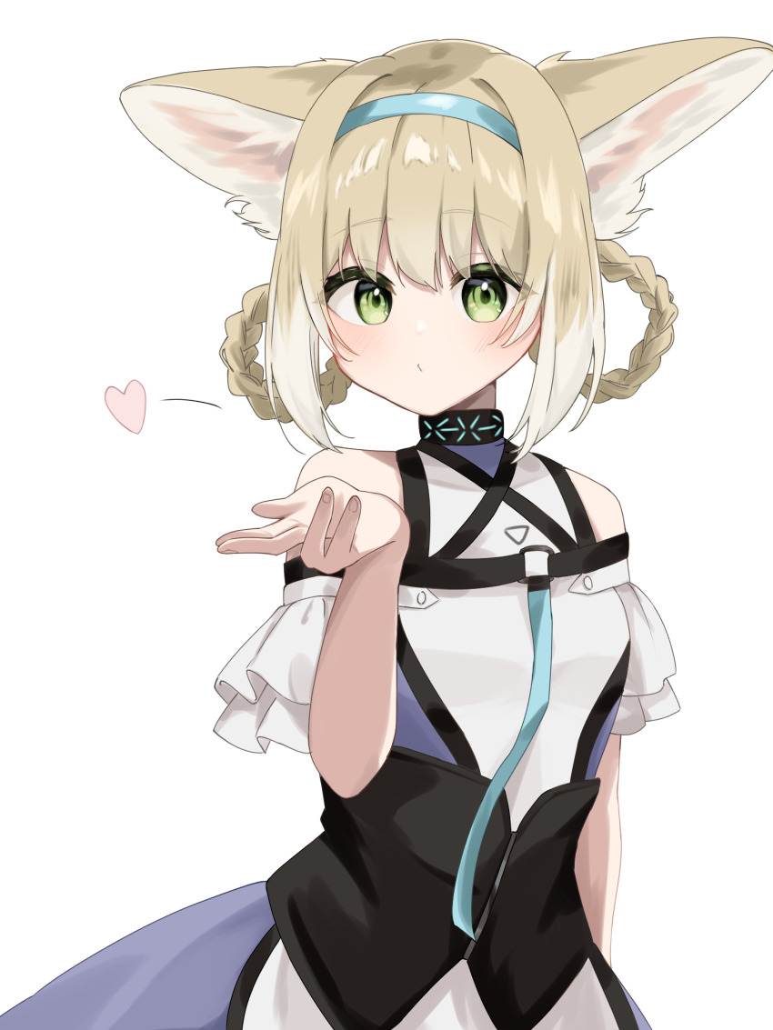 1girl, animal_ears, arknights, bare_shoulders, blonde_hair, blowing_kiss, blue_hairband, blush