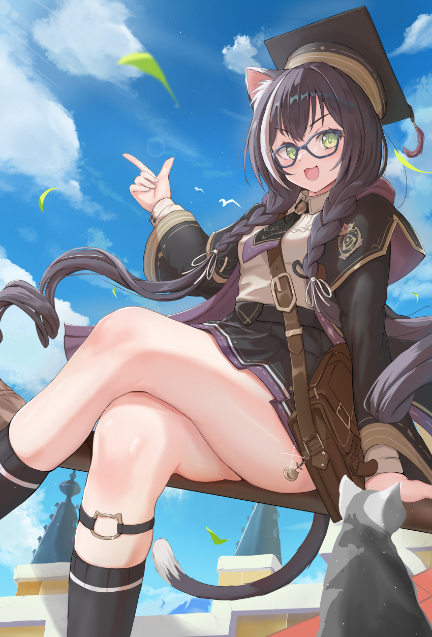 1girl, absurdres, alternate_costume, alternate_hairstyle, animal_ears, bag, bespectacled, blush