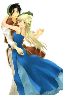 1boy, 1girl, bandana, black_hair, blonde_hair, dancing, dress, flower