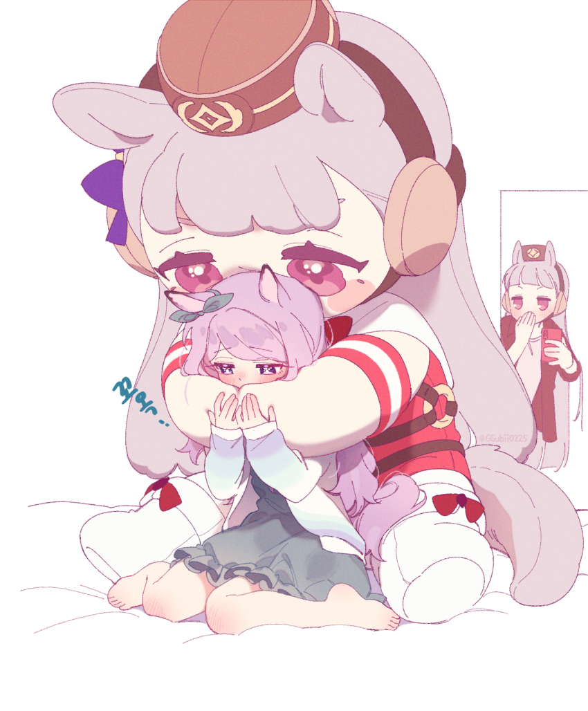 2girls, animal_ears, bare_legs, barefoot, blush, cellphone, character_doll, commentary