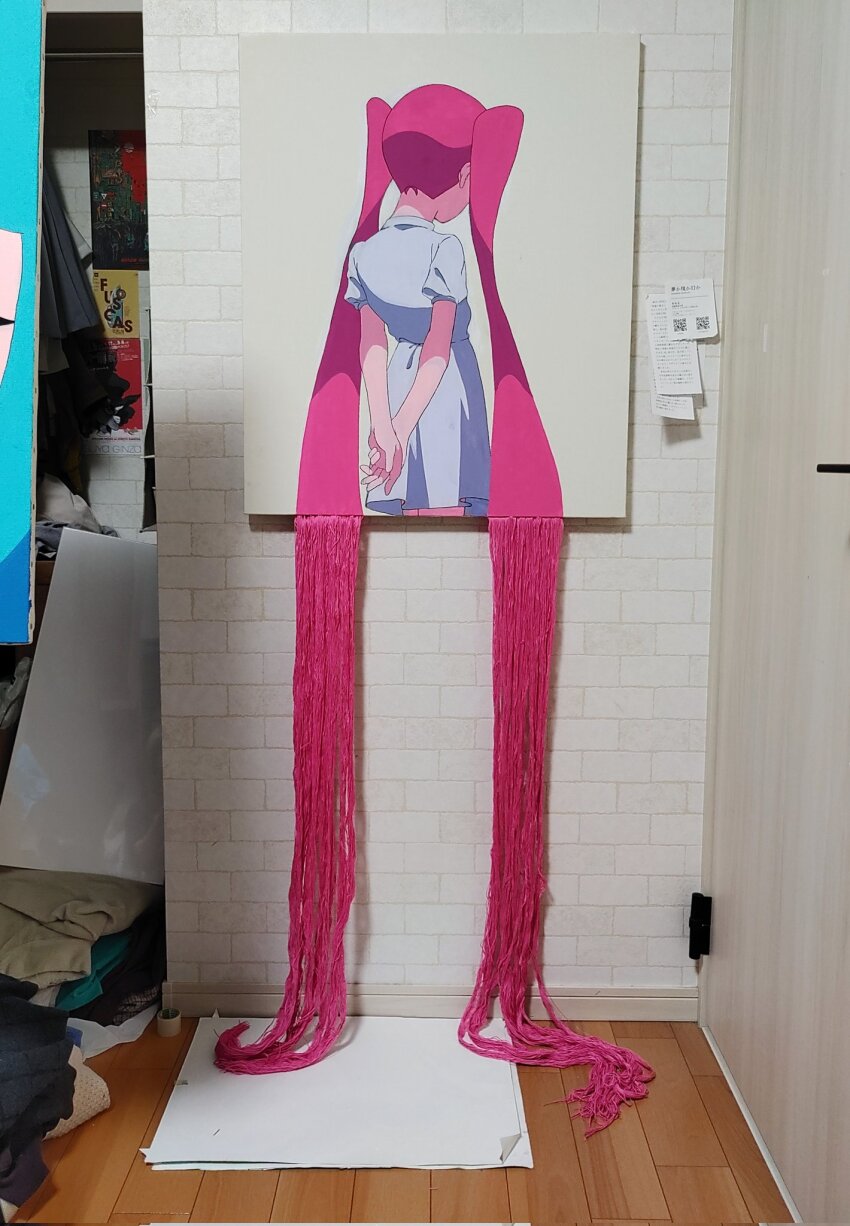 1girl, acrylic_paint_(medium), arms_behind_back, corrupted_twitter_file, cropped_legs, door, dress, facing_away