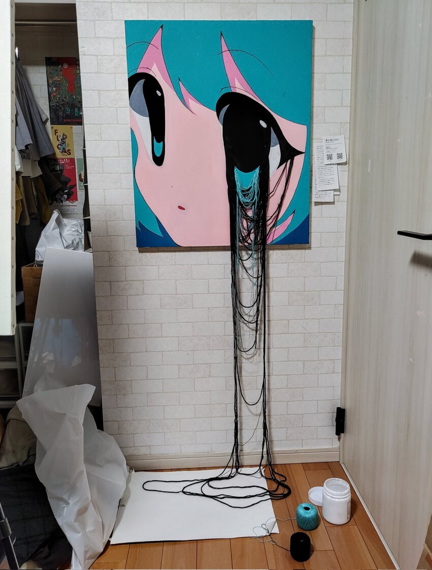 1girl, acrylic_paint_(medium), aqua_eyes, aqua_hair, commentary, corrupted_twitter_file, door, dot_nose, english_commentary, highres, indoors, jar, melting_eyes, momoe_(mme_daigaku), original, painting_(medium), parted_lips, photo_(medium), portrait, qr_code, solo, traditional_media, wooden_floor, yarn