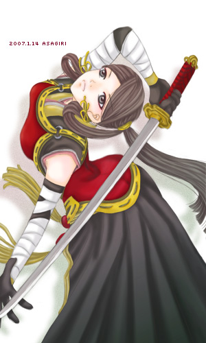 1girl, armor, asagiri_(castle_in_the_air), black_eyes, brown_hair, elbow_gloves, female_focus, gensou_suikoden