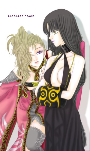 2girls, asagiri_(castle_in_the_air), asagiri_kusa, belt, black_hair, black_legwear, blonde_hair, breasts, choker, cleavage, dress, earrings, female_focus, gensou_suikoden, gensou_suikoden_v, hair_over_one_eye, jewelry, long_hair, lowres, multiple_girls, purple_eyes, sialeeds_falenas, thighhighs, yellow_eyes, zerase_(suikoden)
