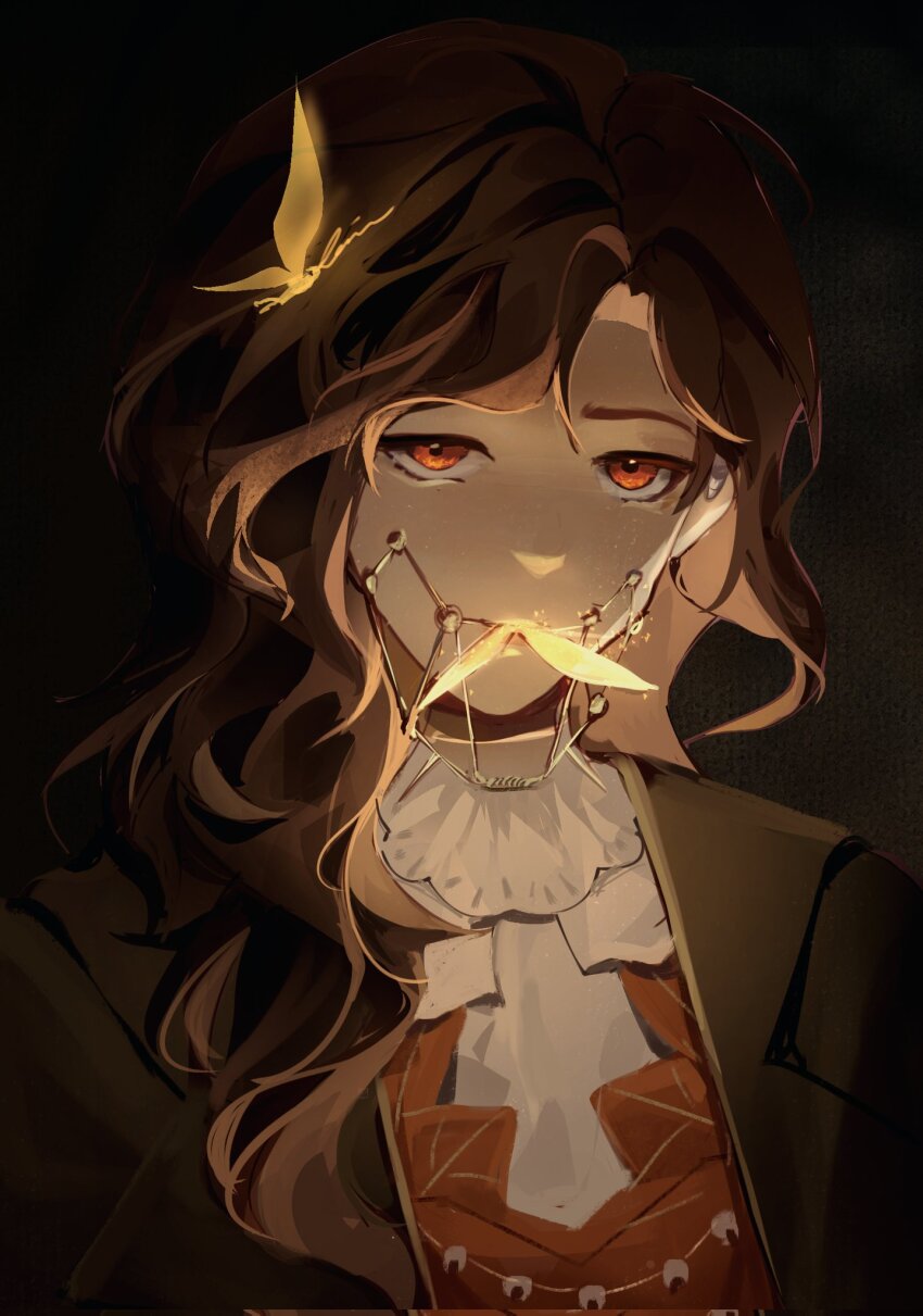 1girl, black_background, braces, brown_coat, brown_eyes, brown_hair, coat, dark, dress, fairy, glowing, highres, jewelry, long_hair, looking_at_viewer, necklace, portrait, rain_(neporain), red_dress, reverse:1999, shirt, solo, tooth_fairy_(reverse:1999), tooth_necklace, vore, white_shirt