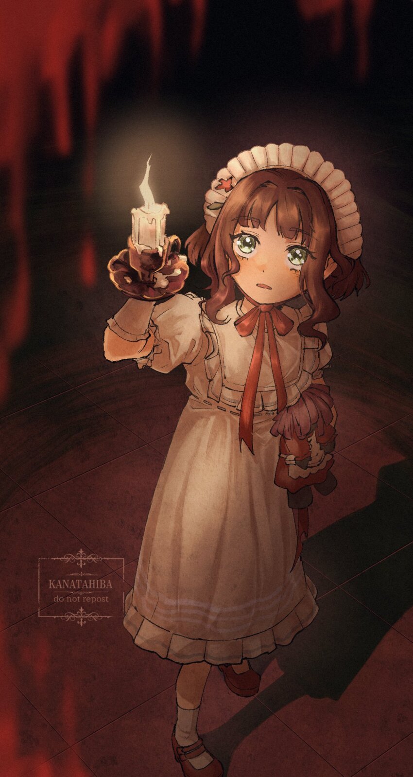 1girl, ambiguous_red_liquid, artist_name, blurry, blurry_foreground, brown_hair, candle, chinstrap, dark_background, doll, dress, eagle_(reverse:1999), eagle_(the_sixth_sense)_(reverse:1999), fire, frilled_dress, frilled_hairband, frills, full_body, gloves, green_eyes, hairband, hand_up, highres, holding, holding_candle, holding_doll, kanatahiba, long_dress, looking_at_viewer, mary_janes, official_alternate_costume, open_mouth, puffy_short_sleeves, puffy_sleeves, red_ribbon, red_shoes, reverse:1999, ribbon, shadow, shoes, short_hair, short_sleeves, socks, solo, standing, white_dress, white_gloves, white_hairband, white_socks