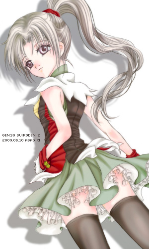 1girl, asagiri_(castle_in_the_air), black_thighhighs, brown_eyes, brown_hair, female_focus, gensou_suikoden, gensou_suikoden_i