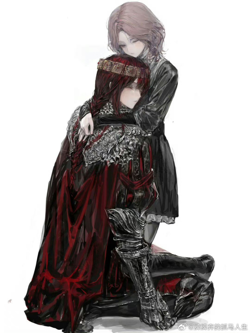 2girls, armor, blood, blood_on_armor, brown_hair, clothing_request, commentary_request, dress