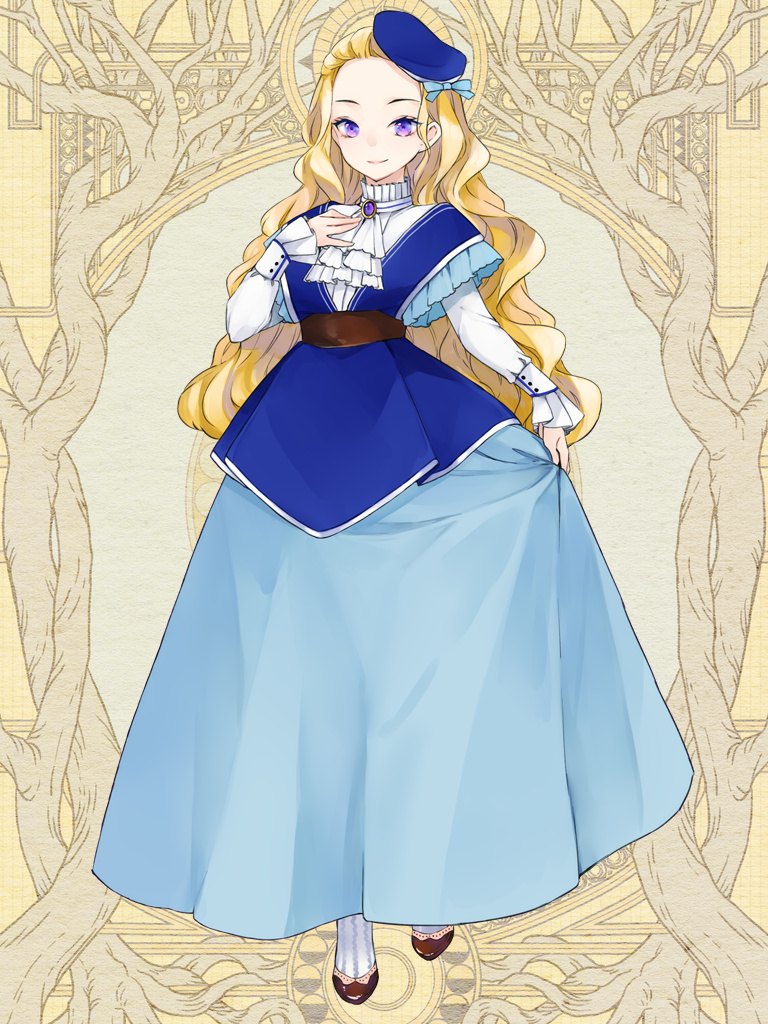 1girl, ascot, blonde_hair, blue_dress, blue_headwear, dairoku_ryouhei, dress, full_body
