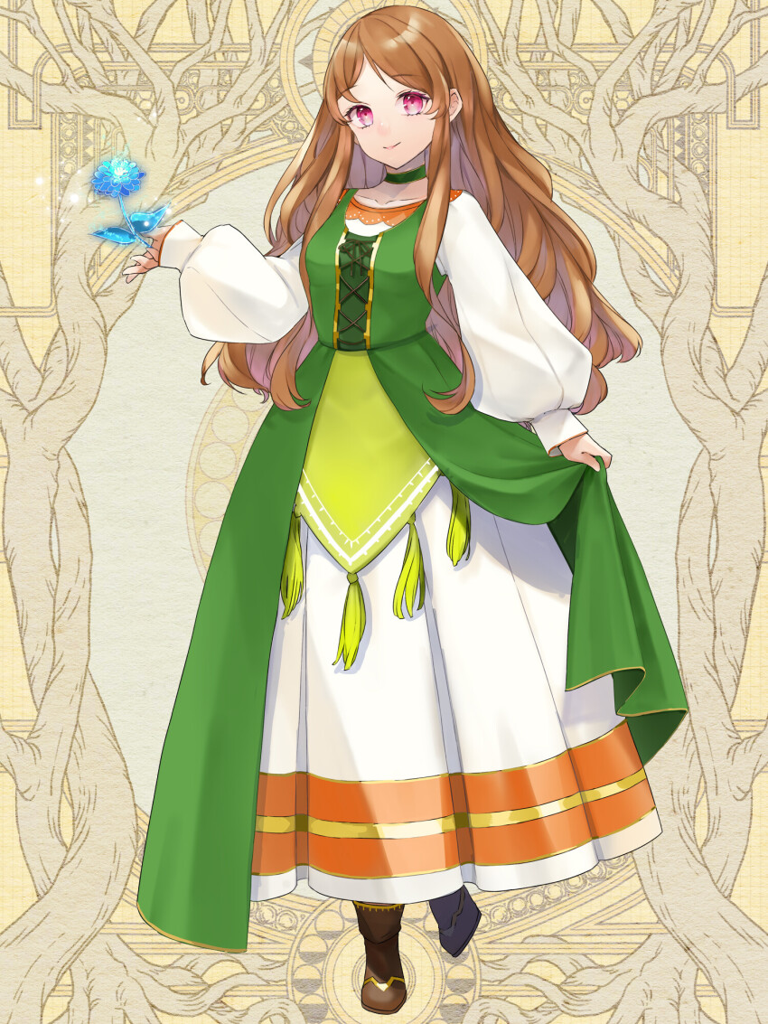 1girl, blue_flower, brown_footwear, brown_hair, choker, christina_mellifioli, dairoku_ryouhei, dress