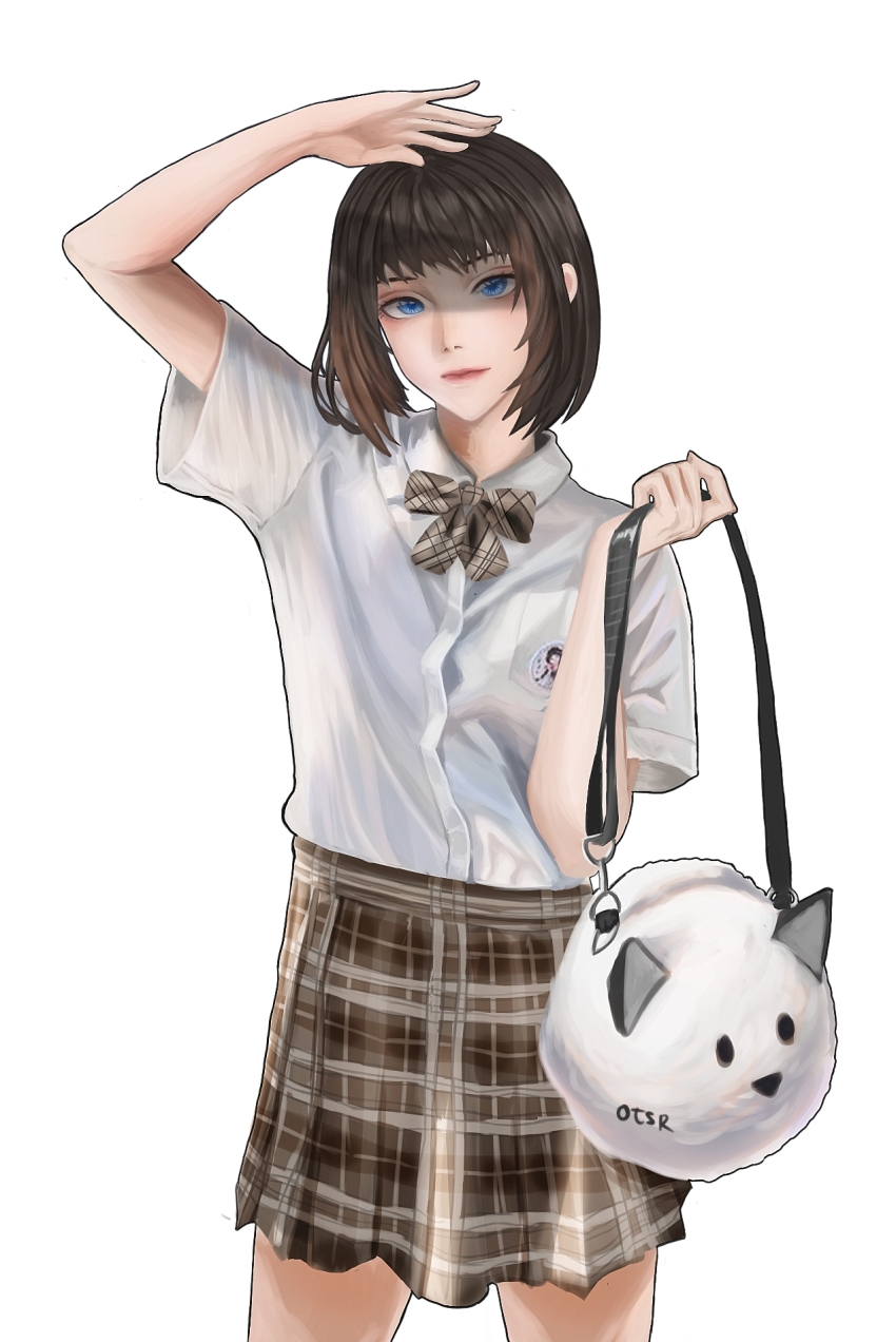 1girl, animal_bag, arm_up, bag, blue_eyes, bow, bowtie, brown_bow, brown_bowtie, brown_hair, brown_skirt, cat_bag, commentary, english_commentary, highres, holding, holding_bag, original, otsiran, plaid_bow, plaid_bowtie, plaid_clothes, plaid_skirt, shaded_face, shirt, short_hair, signature, simple_background, skirt, solo, standing, white_background, white_shirt