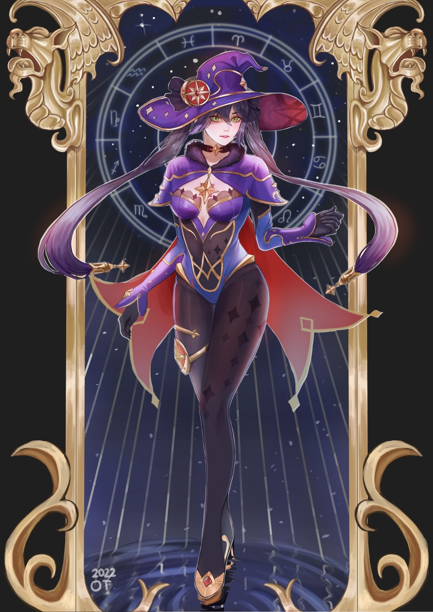 1girl, absurdres, black_border, black_choker, black_gloves, black_pantyhose, border, breasts, cape, choker, cleavage, commentary, detached_sleeves, diamond_print, full_body, fur-trimmed_cape, fur_trim, genshin_impact, gloves, gold_footwear, hat, highres, jewelry, leotard, long_hair, looking_to_the_side, medium_breasts, mona_(genshin_impact), otsiran, pantyhose, print_pantyhose, purple_cape, purple_hair, purple_hat, purple_leotard, solo, standing, star_(sky), star_(symbol), star_choker, thighlet, twintails, witch_hat, zodiac_wheel