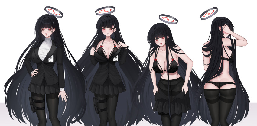 1girl, absurdres, angry, ass, bare_arms, black_coat, black_hair, black_halo