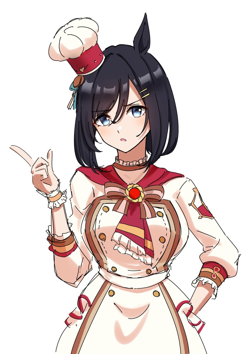 1girl, absurdres, animal_ears, black_hair, blue_eyes, bob_cut, brooch, buttons