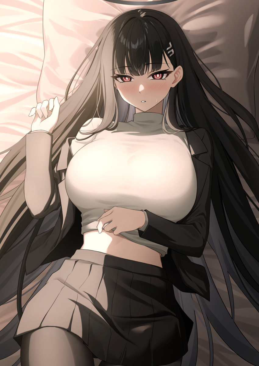 1girl, absurdres, bed_sheet, black_hair, black_pantyhose, black_skirt, blue_archive, blush