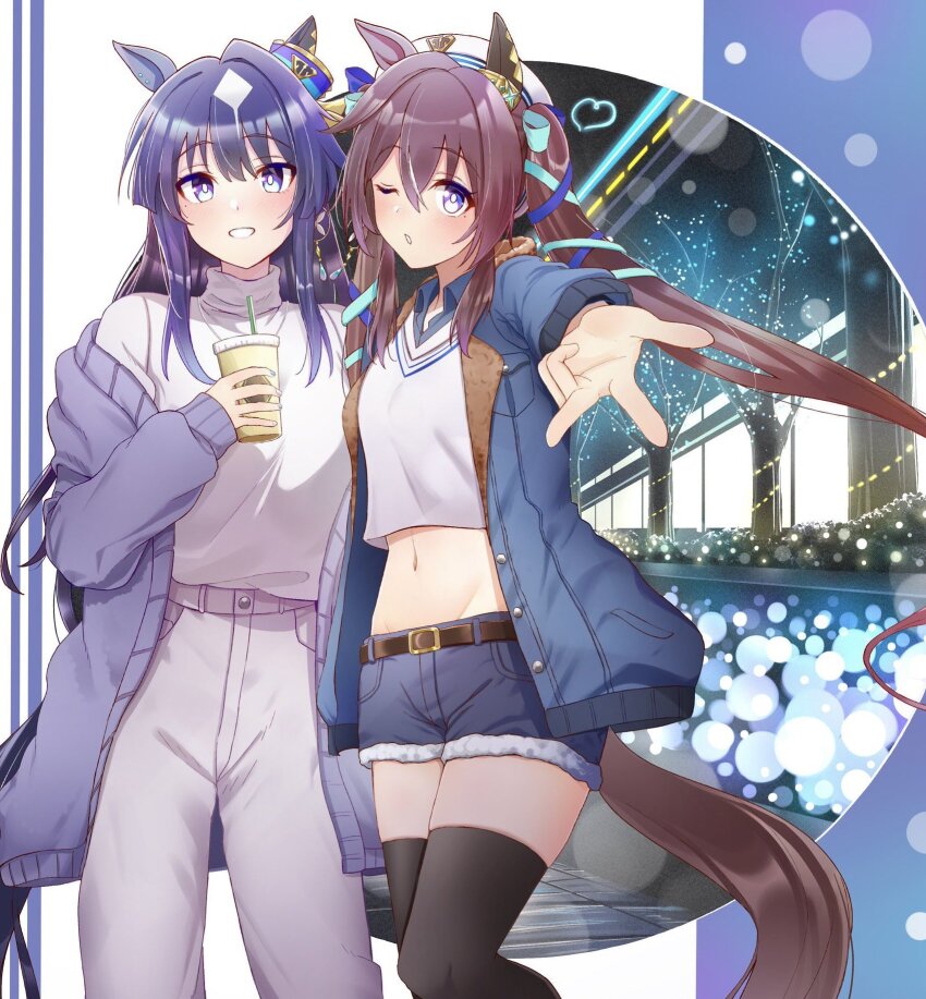 2girls, abish, alternate_costume, animal_ears, blue_hair, breasts, brown_hair, casual