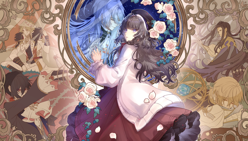 1girl, 5boys, absurdres, alkaid_mcgrath, alkaid_mcgrath_(godheim), armillary_sphere, ascot, ayn_alwyn