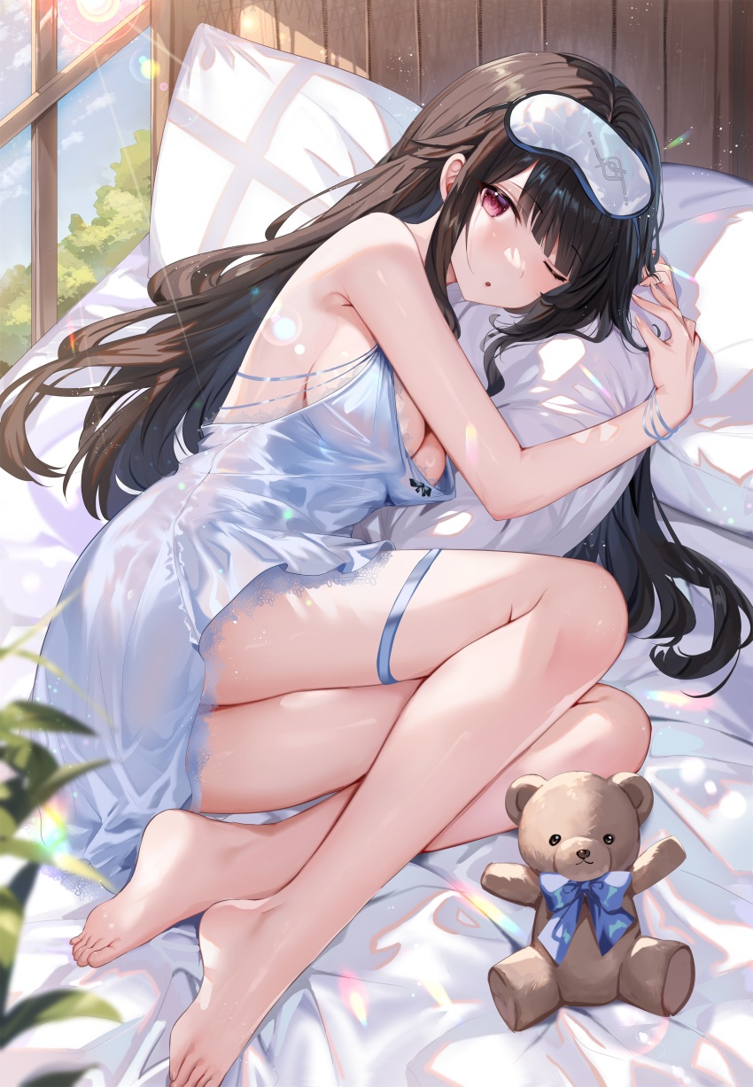 1girl, absurdres, babydoll, barefoot, bed, black_hair, blindfold, blunt_bangs, breasts, highres, indoors, looking_at_viewer, lying, medium_breasts, on_side, one_eye_closed, pillow, red_eyes, shanguier, snowbreak:_containment_zone, solo, stuffed_animal, stuffed_toy, teddy_bear, thigh_strap, window, yao_(snowbreak)