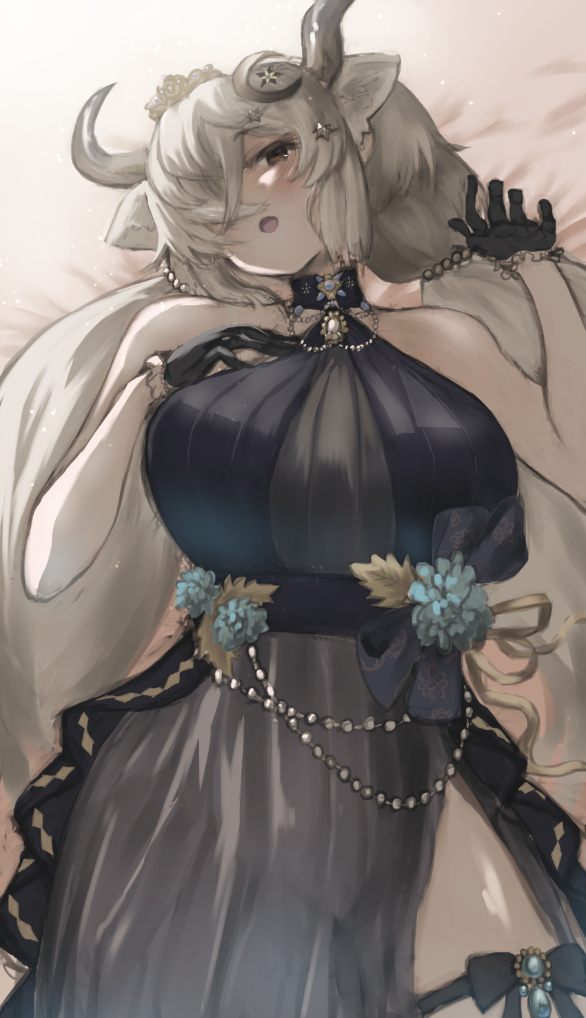 1girl, animal_ears, blush, breasts, brown_eyes, choker, dress, extra_ears, gaga_(gamerakero), gloves, hair_over_one_eye, highres, horns, huge_breasts, kemono_friends, kemono_friends_3, long_hair, looking_at_viewer, lying, official_alternate_costume, on_back, cow_ears, cow_girl, cow_horns, pelvic_curtain, ribbon, sleeveless, sleeveless_dress, solo, twintails, very_long_hair, white_hair, yak_(kemono_friends)