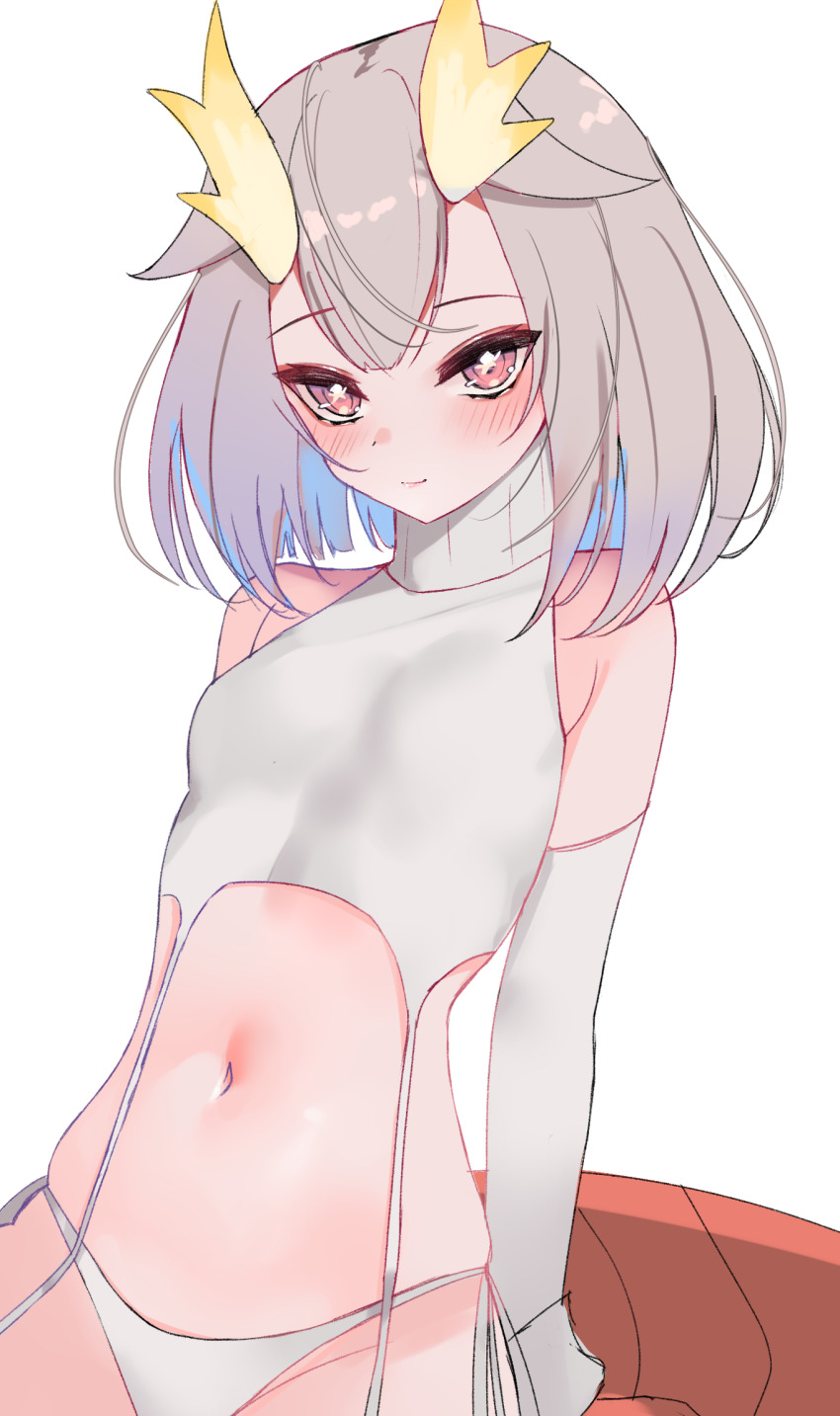 breasts, detached_sleeves, dragon_girl, dragon_horns, garter_straps, grey_hair, highres, horns