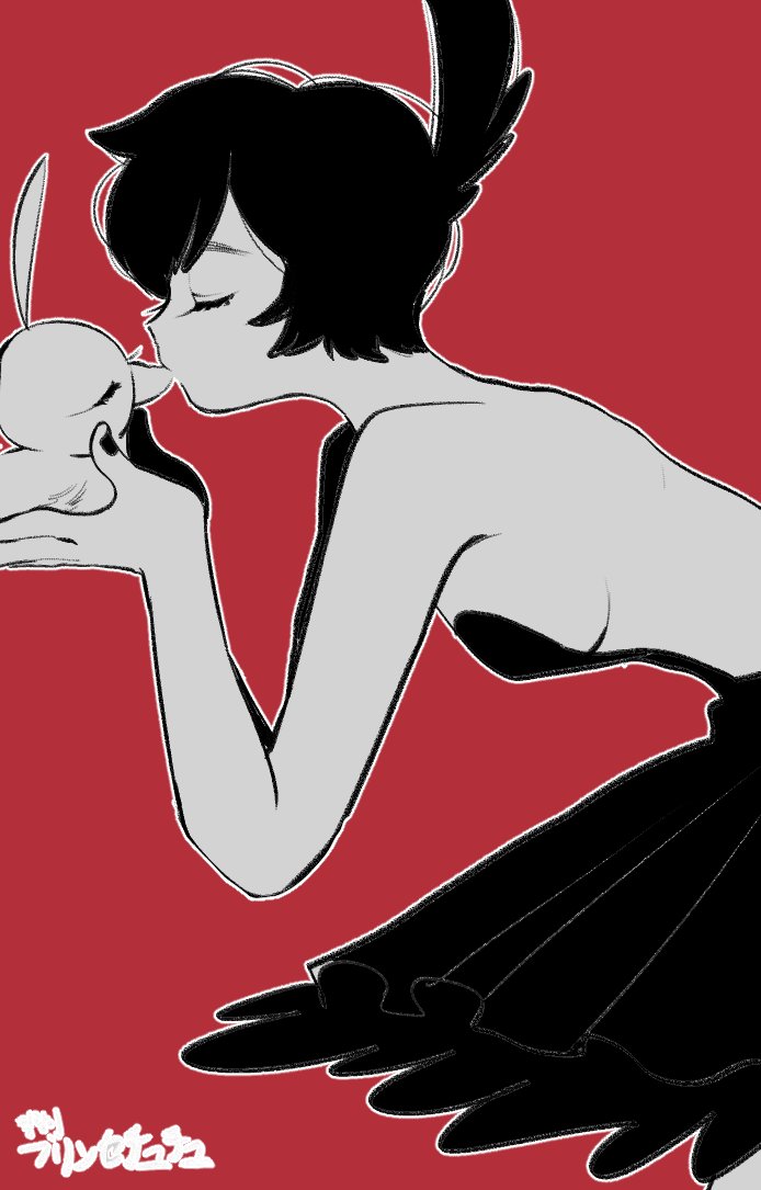 1girl, ahiru_(duck)_(princess_tutu), ahiru_(princess_tutu), animal, bare_back, bird, black_dress, breasts, closed_eyes, dress, duck, eyelashes, greyscale_with_colored_background, holding, holding_animal, holding_bird, jingle_(dlstmv_787), kiss, princess_kraehe, princess_tutu, red_background, rue_(princess_tutu), short_hair, sideboob, simple_background, small_breasts, translation_request