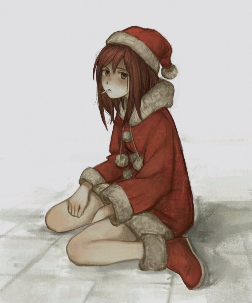 1girl, brown_hair, christmas, cigarette, flcl, floor, hair_between_eyes, hat