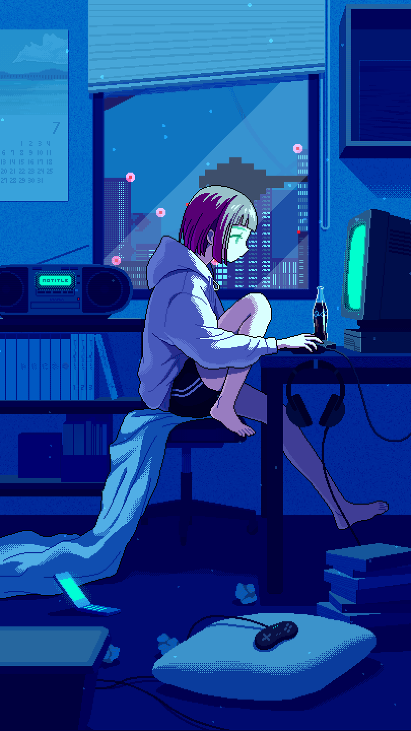 1girl, animated, animated_gif, barefoot, black_shorts, blanket, bob_cut, book, book_stack, bottle, calendar_(object), chair, city, computer, computer_mouse, controller, crt, dithering, feet, fish, from_side, game_controller, glass_bottle, headphones, highres, hood, hood_down, hoodie, indoors, looping_animation, monitor, narume, original, pillow, pixel_art, profile, purple_hair, shelf, short_shorts, shorts, sitting, soda_bottle, solo, stereo, stool, swivel_chair, underwater, used_tissue, white_hoodie, window