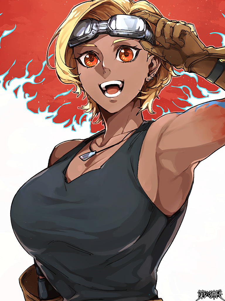 1girl, :d, adjusting_eyewear, arm_tattoo, belinda_redman, black_shirt, blonde_hair, breasts, brown_gloves, copyright_name, dairoku_ryouhei, ear_piercing, fire, gloves, goggles, goggles_on_head, large_breasts, looking_at_viewer, open_mouth, orange_eyes, piercing, shirt, short_hair, sleeveless, sleeveless_shirt, smile, solo, tan, tattoo, turukame, upper_body