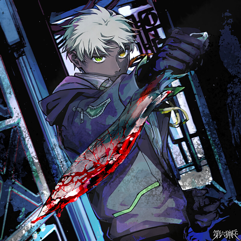 1boy, black_gloves, blood, bloody_weapon, copyright_name, dairoku_ryouhei, dark-skinned_male, dark_skin
