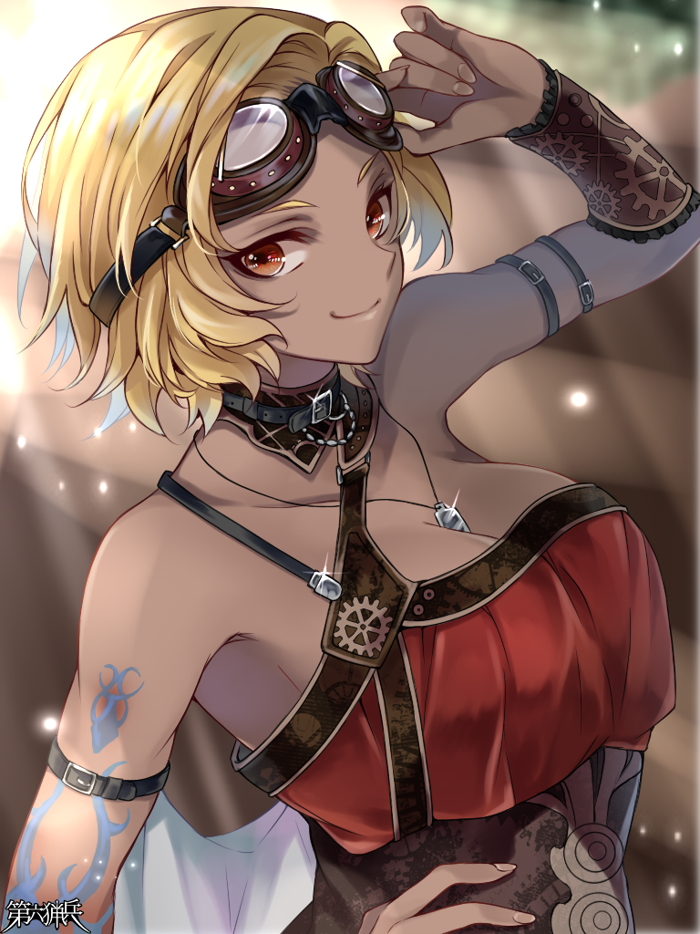 1girl, adjusting_eyewear, arm_belt, arm_tattoo, arm_up, belinda_redman, belt_collar, between_breasts, blonde_hair, breasts, brown_background, brown_eyes, cleavage, collar, dairoku_ryouhei, dark-skinned_female, dark_skin, gear_print, glint, goggles, goggles_on_head, hand_on_own_hip, jm_pbw, large_breasts, smile, tan, tattoo, upper_body
