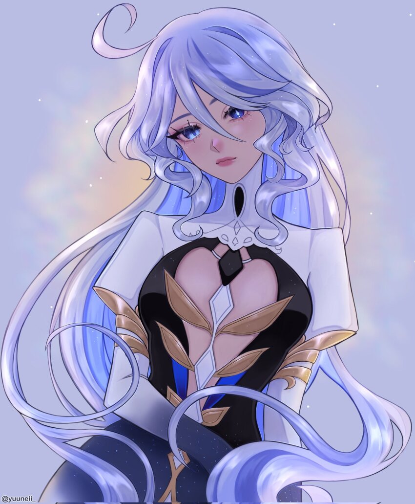 1girl, ahoge, blue_eyes, blue_hair, commentary, dress, focalors_(genshin_impact), furina_(genshin_impact)