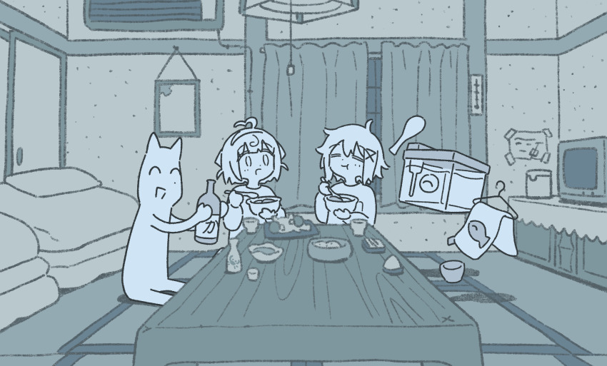 1boy, 2girls, ^_^, ahoge, animate_object, artist_self-insert, bottle, ceiling_light