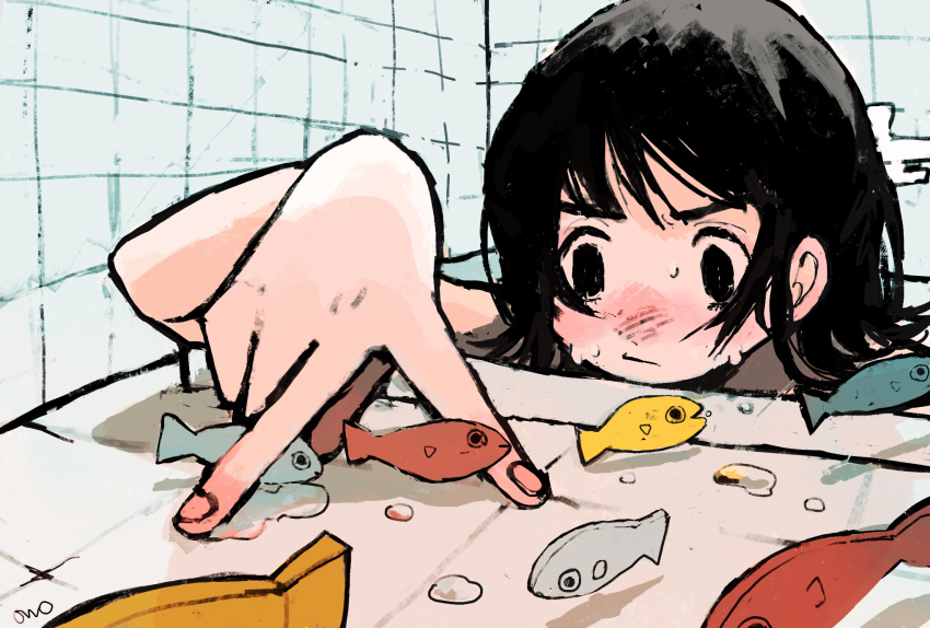 1girl, bath, bathing, bathroom, black_eyes, black_hair, blush, closed_mouth