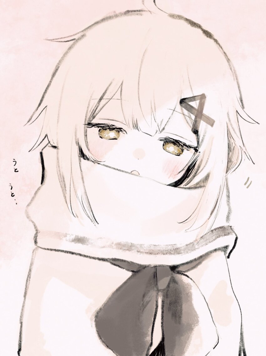 1girl, ahoge, black_ribbon, blush, bright_pupils, capelet, commentary, english_commentary, enpera, gradient_background, hair_ornament, hairclip, half-closed_eyes, hiasane, highres, indie_utaite, looking_at_viewer, neck_ribbon, nodding, open_mouth, partially_colored, ribbon, scarf, sidelighting, sidelocks, simple_background, sleepy, solo, thick_eyelashes, turtleneck, upper_body, utaite, white_pupils, yellow_eyes, yorunogumo