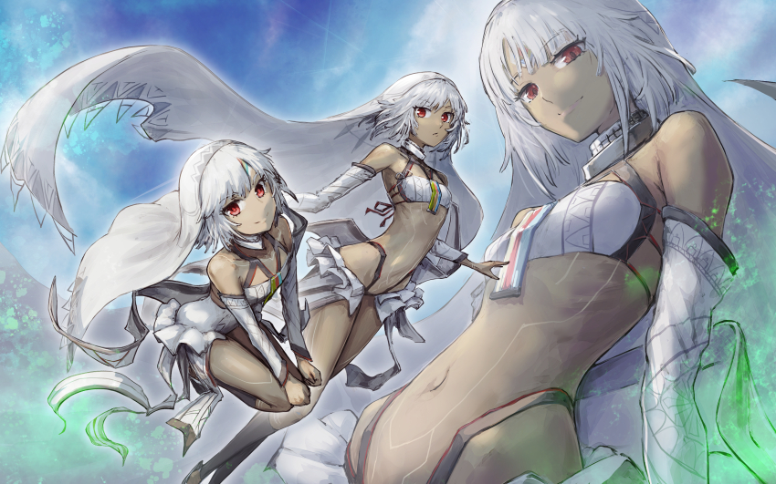 152_in_can, 1girl, absurdres, altera_(fate), altera_(first_ascension)_(fate), altera_(third_ascension)_(fate), bare_shoulders, breasts, closed_mouth, commentary_request, dark-skinned_female, dark_skin, detached_collar, detached_sleeves, fate/extella, fate/extra, fate/grand_order, fate_(series), full-body_tattoo, headdress, highres, invisible_chair, looking_at_viewer, midriff, multiple_views, navel, red_eyes, short_hair, sitting, small_breasts, smile, stomach, straight_hair, tattoo, white_hair, white_sleeves