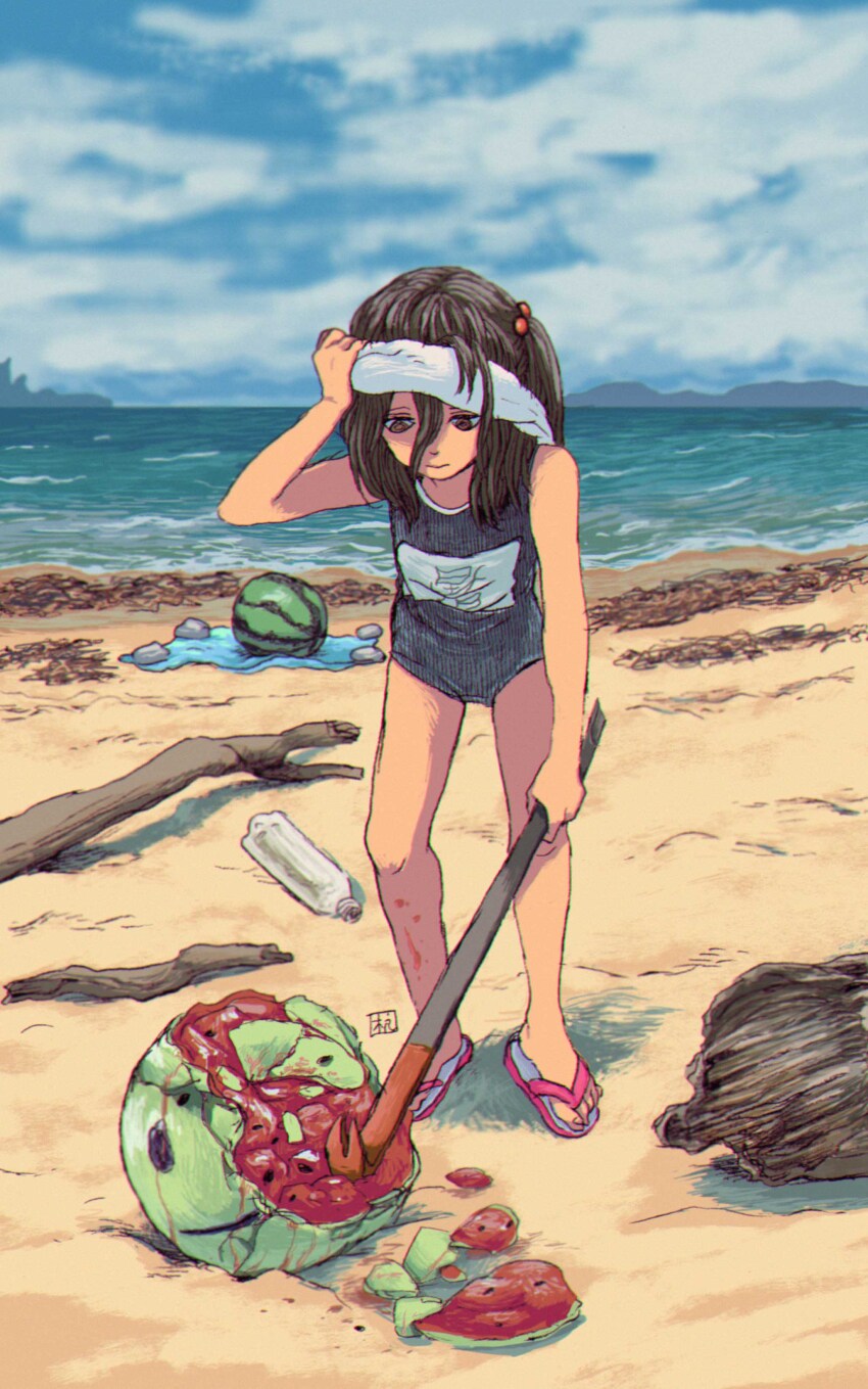 1girl, absurdres, artist_logo, beach, black_hair, blindfold, blue_one-piece_swimsuit, blue_sky