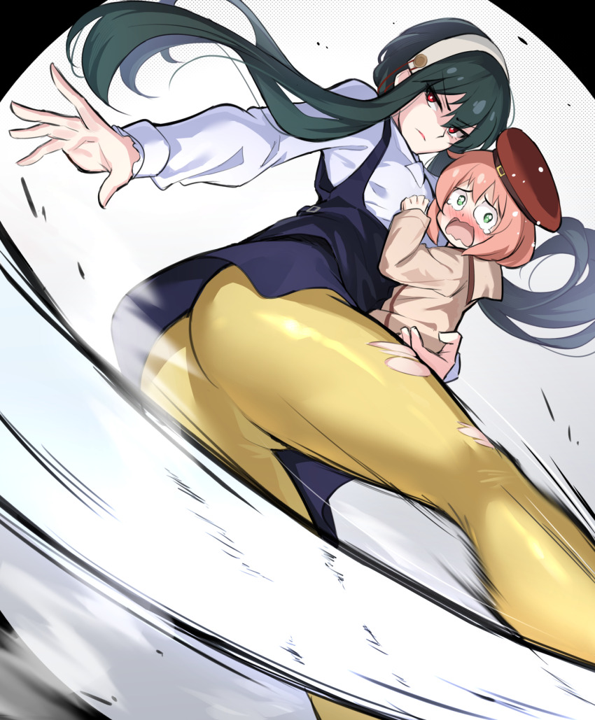 2girls, anya_(spy_x_family), ass, black_dress, black_hair, brown_dress, brown_sailor_collar, carrying