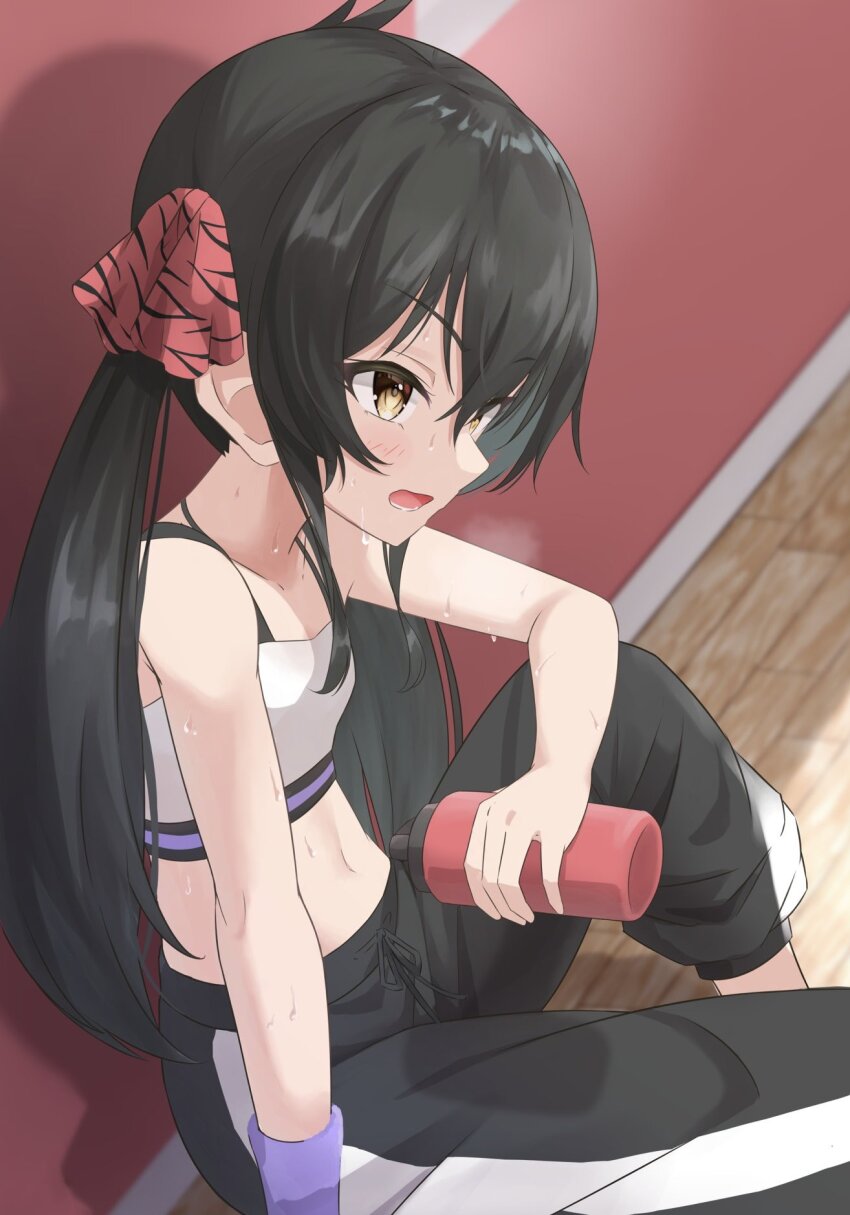 1girl, black_hair, black_pants, bottle, hair_between_eyes, hair_ribbon, highres, holding