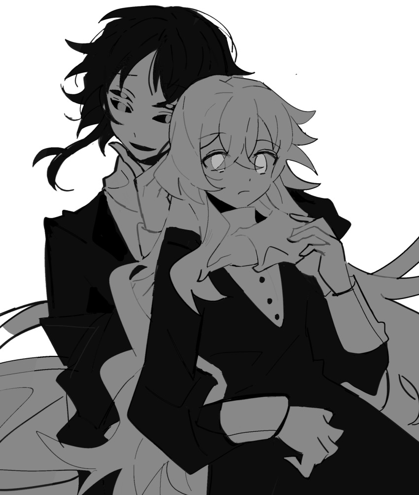 1boy, 1girl, arm_around_neck, black_dress, black_sclera, black_sleeves, buttons, charlotte_wiltshire