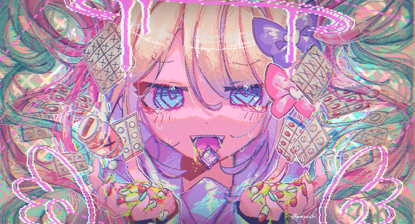 1girl, :d, @_@, blonde_hair, blue_eyes, blue_hair, blush, bow, chouzetsusaikawa_tenshi-chan, crying, dot_nose, drooling, drugs, glitch, grapeichi, hair_between_eyes, hair_bow, halo, highres, iridescent_clothes, iridescent, lsd, melting_halo, multicolored_nails, multiple_hair_bows, needy_girl_overdose, open_mouth, original, pill, pill_bottle, pink_bow, pink_hair, pink_halo, pixel_art, purple_bow, smile, solo, sweat, teeth, tongue, tongue_out, too_many, twitter_username, wings, yellow_bow, yellow_nails