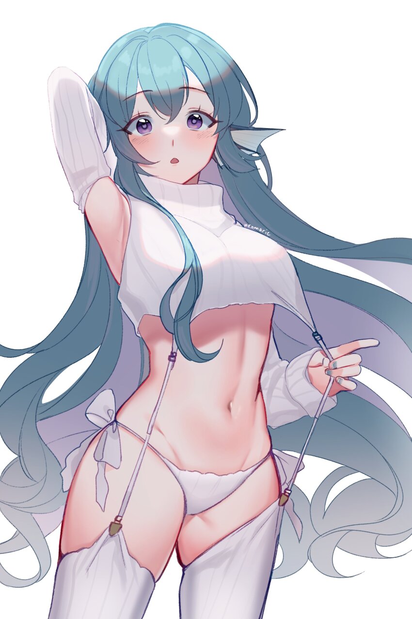1girl, absurdres, breasts, detached_sleeves, finana_ryugu, fins, garter_straps, green_hair, green_nails, head_fins, highres, long_hair, looking_at_viewer, medium_breasts, nijisanji, nijisanji_en, nrnmarie, open_mouth, panties, purple_eyes, ribbed_panties, ribbed_sleeves, ribbed_thighhighs, simple_background, solo, sweater, thighhighs, underwear, virgin_destroyer_sweater, virtual_youtuber, white_background, white_panties, white_sweater, white_thighhighs
