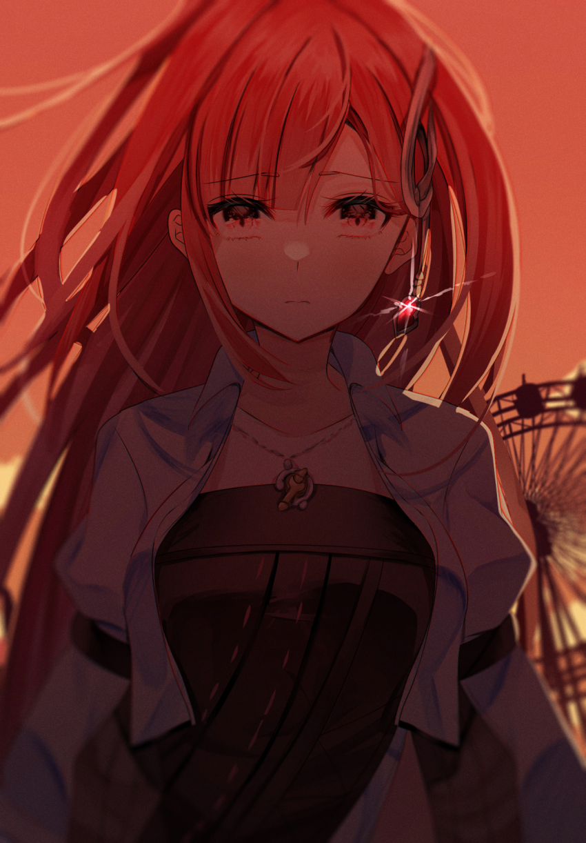 1girl, aria_(harvestella), black_dress, closed_mouth, commentary, cropped_jacket, dress, earrings