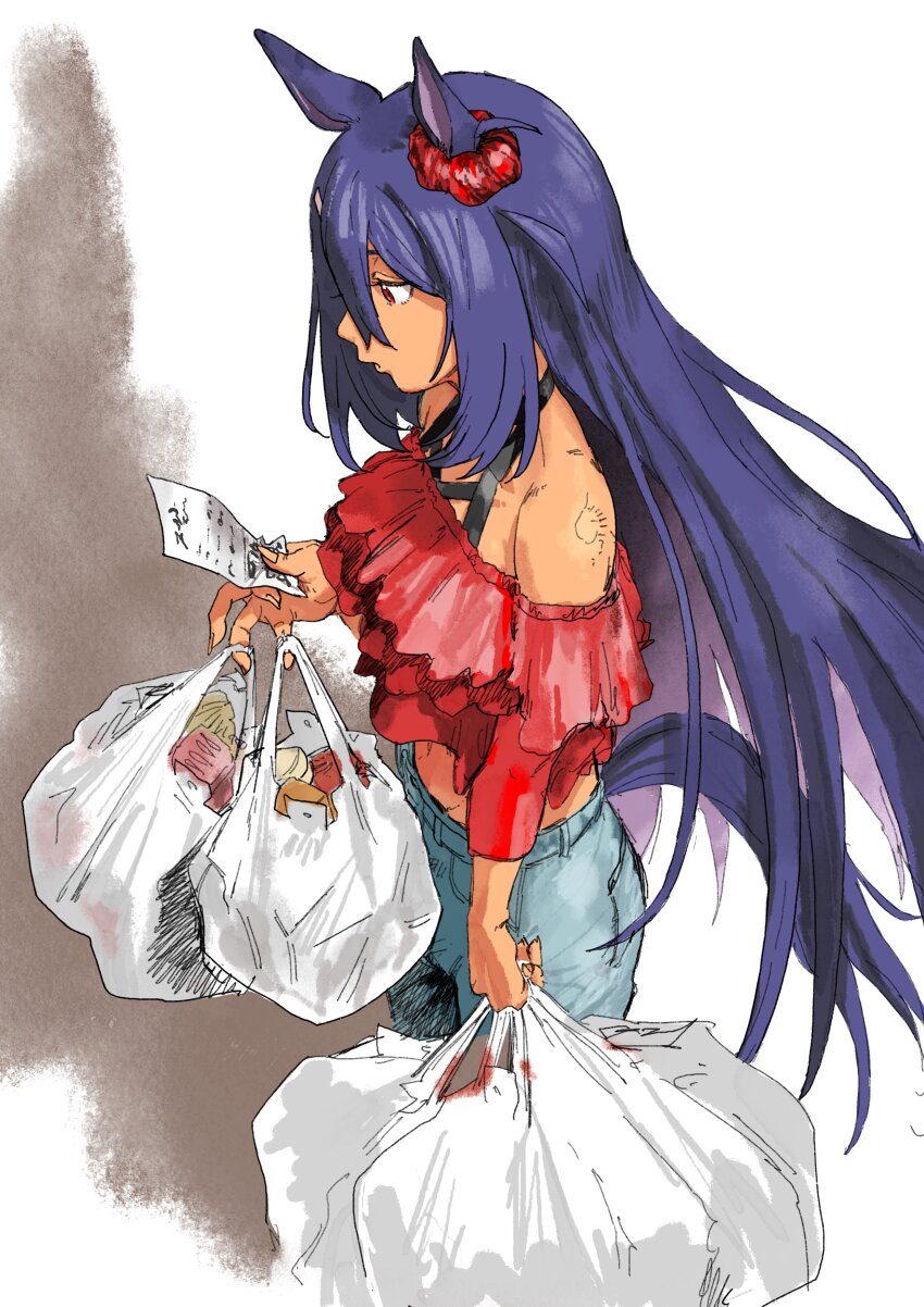 1girl, absurdres, animal_ears, bag, bare_shoulders, black_hair, breasts, commentary_request