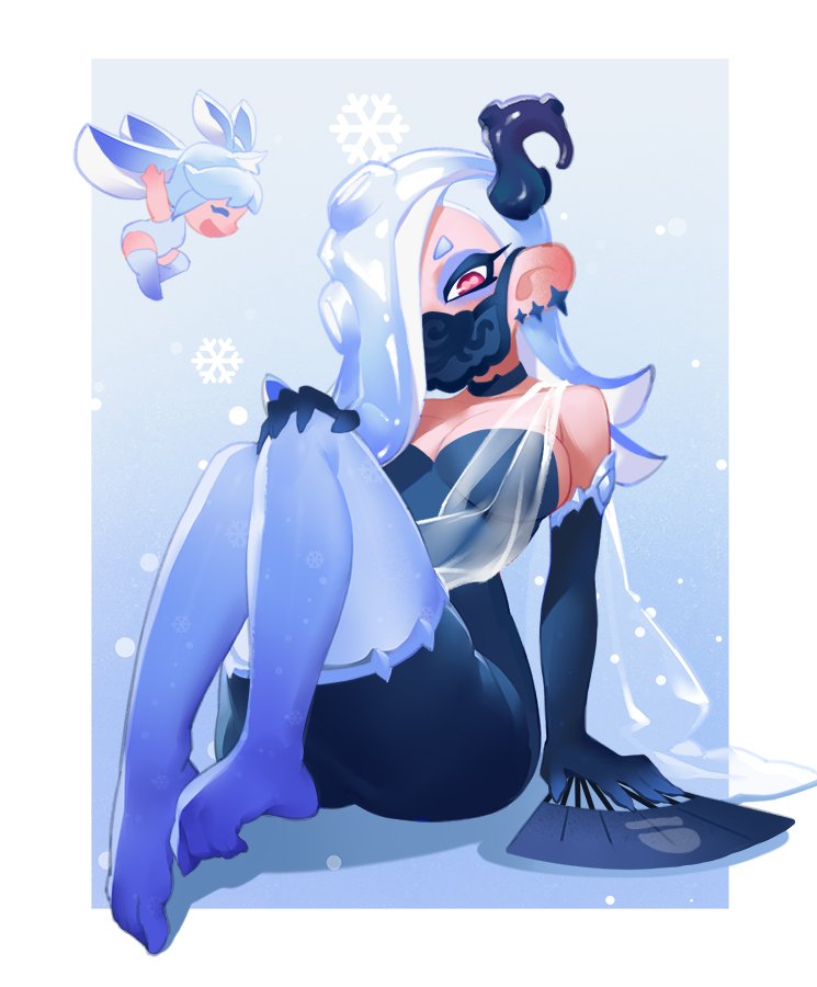 2girls, bare_shoulders, black_choker, black_dress, black_gloves, blue_background, blue_hair, blue_pantyhose