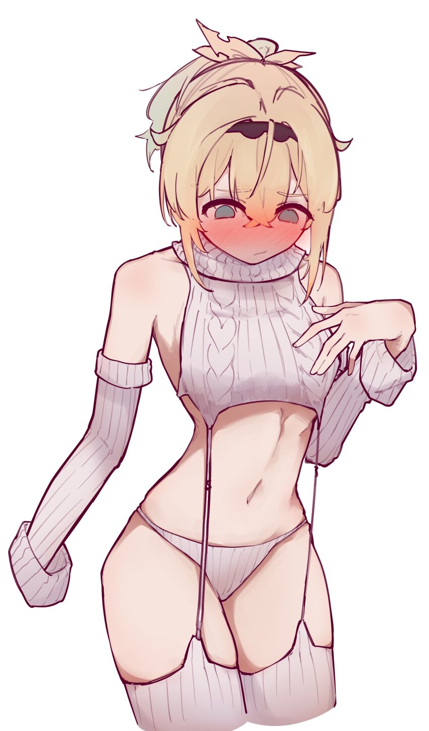 1girl, :/, absurdres, alternate_costume, bare_shoulders, blonde_hair, blush, breasts, cable_knit, commentary, cowboy_shot, cropped_legs, detached_sleeves, embarrassed, frown, garter_straps, hair_between_eyes, hairband, hand_on_own_chest, highres, hololive, kazama_iroha, long_hair, looking_down, medium_breasts, navel, panties, ponytail, ribbed_legwear, ribbed_panties, ribbed_sleeves, ribbed_sweater, ribbed_thighhighs, sauce_darusungi, short_hair, simple_background, solo, stomach, sweater, thighhighs, turtleneck, turtleneck_sweater, underwear, virgin_destroyer_sweater, virtual_youtuber, white_background, white_garter_straps, white_panties, white_sweater, white_thighhighs
