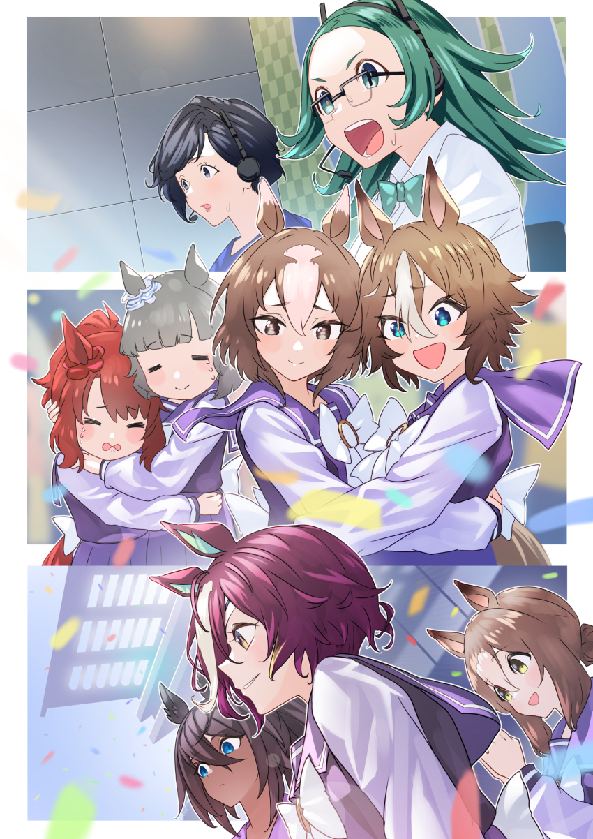 6+girls, akasaka_misato_(umamusume), animal_ears, bamboo_memory_(umamusume), black_hair, brown_hair, ear_covers, fine_motion_(umamusume), grey_hair, happy, headset, highres, hishi_miracle_(umamusume), horse_ears, horse_girl, horse_tail, hosoe_junko, hug, multicolored_hair, multiple_girls, nabe_puyo, red_hair, school_uniform, symboli_kris_s_(umamusume), tail, tanino_gimlet_(umamusume), tracen_school_uniform, two-tone_hair, umamusume, yaeno_muteki_(umamusume), yellow_eyes